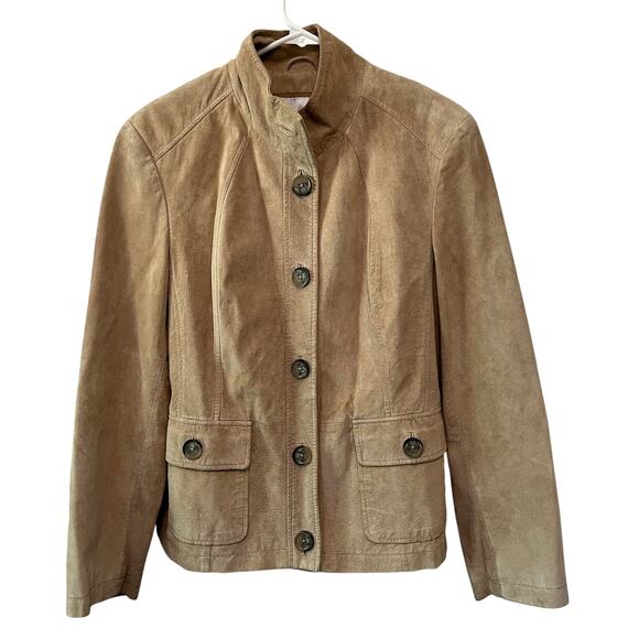 Vintage Marshall Fields tan suede leather button front jacket coat womens sz 12 - Picture 1 of 13
